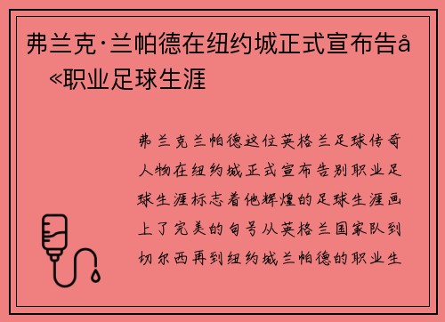 弗兰克·兰帕德在纽约城正式宣布告别职业足球生涯
